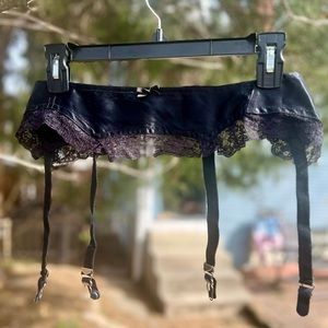 LOT 2 Vintage Satin garter belt black lace bow Betty Paige Goth Pinup Stripper